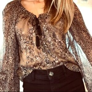 FREE PEOPLE Boho Sheer Chiffon Floral Blouse Brown/Black